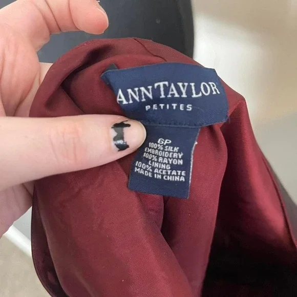 burgundy 100% silk top with beaded floral design - Picture 2 of 6